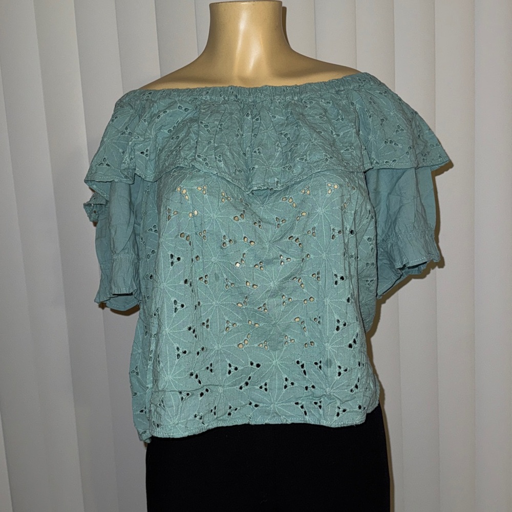 Umgee Teal Eyelet Off-Shoulder Blouse